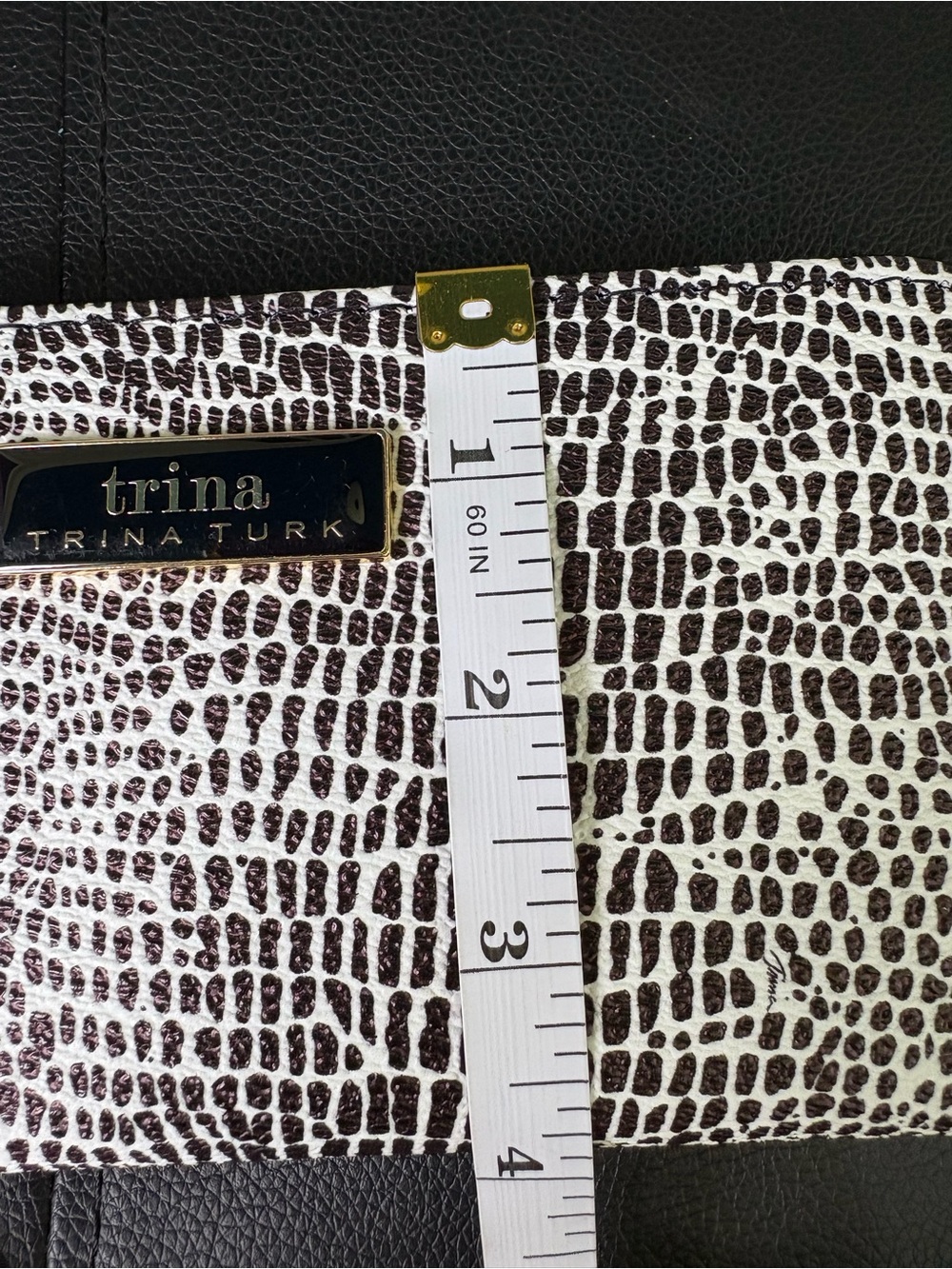 Trina Turk Black & White Textured Zip Wallet with Gold Logo Plaque - Picture 7 of 9